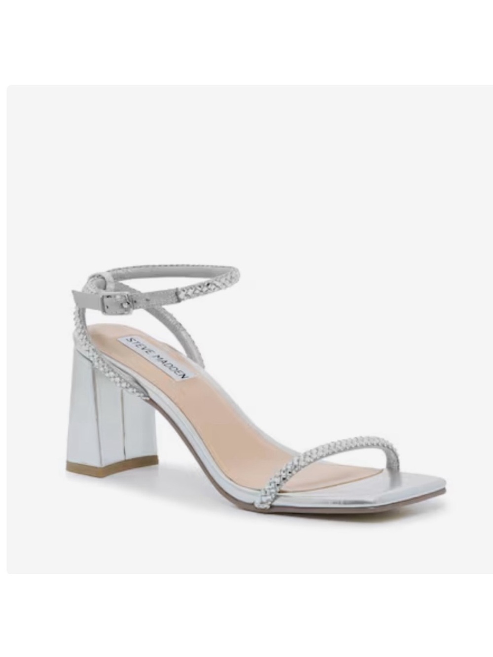 Steve Madden Hurrah Silver Rhinestone Strap Square-Toe Heels Sandals Sz 9